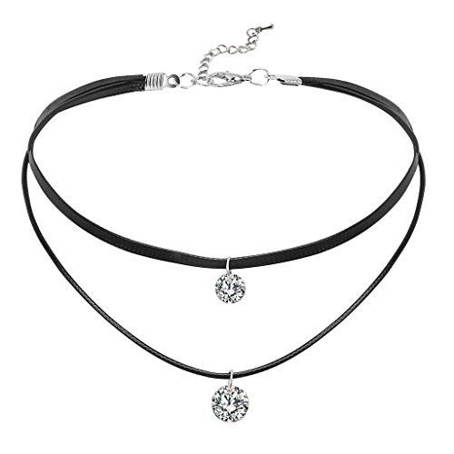 Epinki Damen Choker, Doppelt Halskette Schlangenhaut Muster Leder Zwei Sichten Form Rock Hoker Gothic Halsband Kropfband Schwarz Silber 34.5+6.5CM mit Zirkonia von Epinki