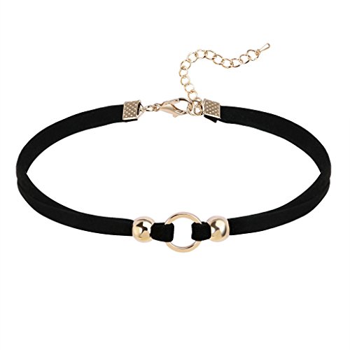 Epinki Damen Choker (Verstellbar), Doppel Halskette Gliederkette Samt O-Ring Form Anhänger Gothic Halsband Gold Schwarz mit Zirkonia, 31.4+6.3 cm von Epinki