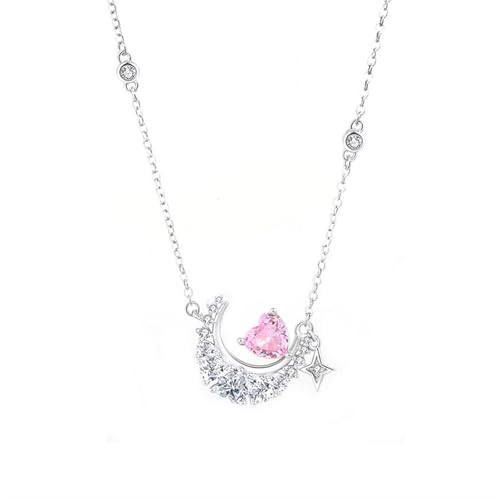 Epinki Echtschmuck Damen Halskette Modeschmuck 14 Karat 585 Weißgold, Mond Herz Anhänger Damenkette mit Labor Erstellt Rose Saphir Rose Herzschliff, 14K Gold Kette Frauen, 40+5CM von Epinki
