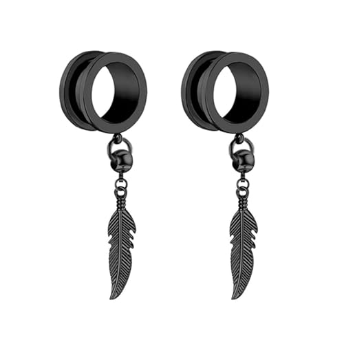 Epinki Flexible Dünne Expander Messgeräte Ohrringe 2er, Schwarz Ohrringe Rund mit Blatt Anhänger Ohr Stretching 14mm, Edelstahl Piercing Schmuck von Epinki