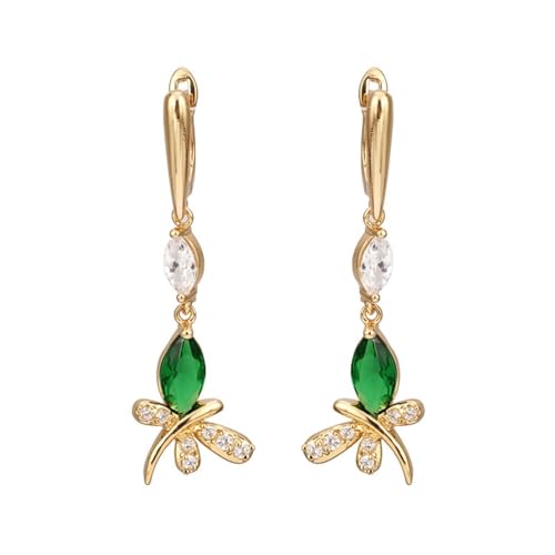 Epinki Gelbgold 14K Au585 Ohrringe, Libelle Ohrhänger mit Granat Grün Marquiseschliff, Echt Gold Moissanit Frauen Ohrringe 585 Gold von Epinki