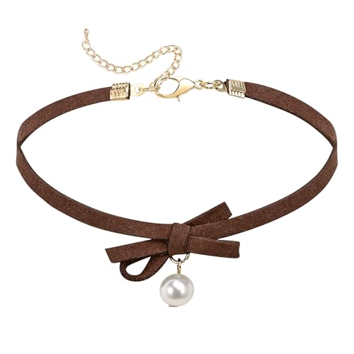 Epinki Halsband Damen Bowknot Perle Verstellbare Kropfband Schmuck Samt Choker-Halskette für Frauen, Gold Braun, 32.7+8.3CM Epinki Halsband Damen Bowknot Perle Verstellbare Kropfband Schmuck Samt Choker-Halskette für Frauen, Gold Braun, 32.7+8.3CM von Epinki
