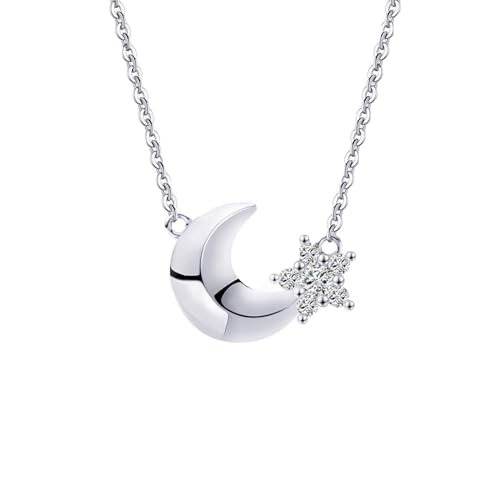 Epinki Halskette Sterling Silber 925 Damen, Poliert Mond Stern mit Zirkonia Anhänger Halskette Sterling Silber 925, Zirkonia Kette Frau Geschenk, Silber, 50CM von Epinki