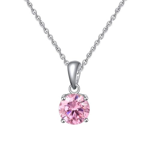 Epinki Kette 925 Silber Gothic, Rosa Rund Zirkonia Geburtssteine Halskette Anhänger Sterling Silber S925, Zirkonia Rosa Frauen Halskette Geschenk, Silber, 45CM von Epinki