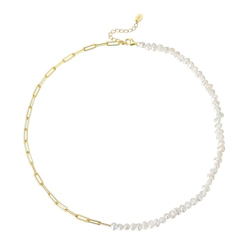 Epinki Kette 925er Silber Damen, Claviclekette mit Perlen Halskette Anhänger 925 Sterlingsilber, Perlenkette Ketten Damen Modeschmuck, Gold, 46CM von Epinki