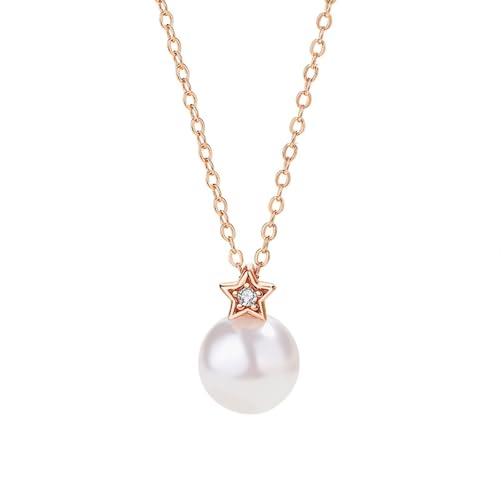 Epinki Kette Damen Zart 9 Karat Rose Gold Au375, Stern Anhänger Damenkette mit Perle Weiß Rundschliff, 9K Rosegold Halsketten für Frauen Echte Goldschmuck, 40+5CM von Epinki
