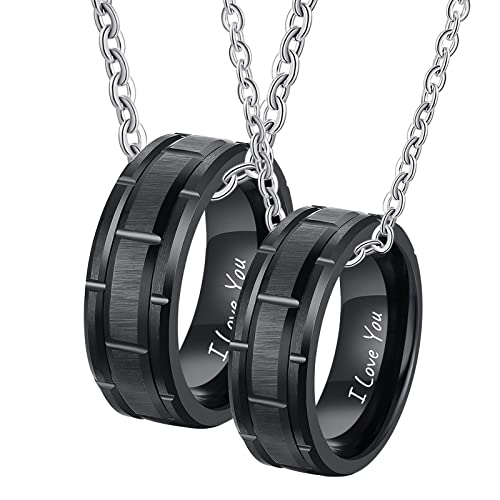 Epinki Ketten Paare 2 Stück Wolfram mit Ring Anhänger Gebürstet mit Gravur I Love You Paar Ketten für Sie und Ihn Schwarz für Frauen & Männer Breite 8MM - Herrenkette 60cm Damenkette 50cm von Epinki