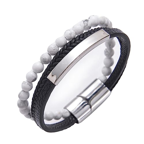 Epinki Magnesit Armband 3 Schichten geflochtenes für Damen & Herren, 6mm Echten Natursteinen Stretch Armreif, Tolles Geschenk für Frauen, 21CM (Schwarz Weiß) von Epinki