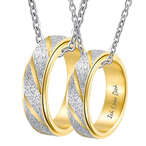 Epinki Partner Halskette Personalisiert Edelstahl mit Ring Anhänger, Spinner Matte mit Gravur Ich Liebe Dich Partnerketten für Sie und Ihn, Gold, Breite 6MM - Herrenkette 60cm, Damenkette 50cm von Epinki