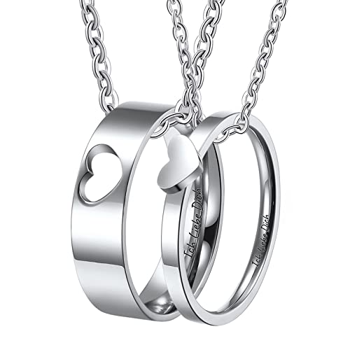 Epinki Partner Kette Ihn und Ihn Edelstahl mit Ring Anhänger, I Love You Herz mit Gravur Ich Liebe Dich Partner Ketten Set, Silber, Breite 4/6MM - Herrenkette 60cm, Damenkette 50cm von Epinki