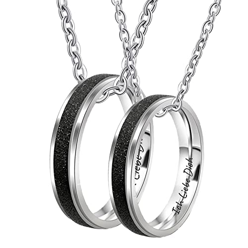 Epinki Partner Kette Personalisiert Edelstahl mit Ring Anhänger, Matte mit Gravur Ich Liebe Dich Partner Ketten Set, Silber Schwarz, Breite 4MM - Herrenkette 60cm, Damenkette 50cm von Epinki