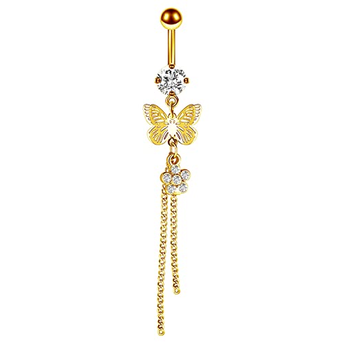 Epinki Piercing Schmuck, Piercings Set, Schmetterling Quaste Bananabell Piercing mit Weiß Zirkonia Anhänger Chirurgenstahl Körper Schmuck für Damen Mädchen, Gold von Epinki