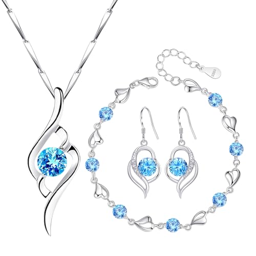 Epinki Schmuckset Damen Geschenke für Frauen Amors Pfeil Halskette & Ohrringe & Armband Set, Silber Schmuck Set mit 5A Blau Zirkonia Valentinstag Jahrestag Geburtstag Geschenk für Sie von Epinki