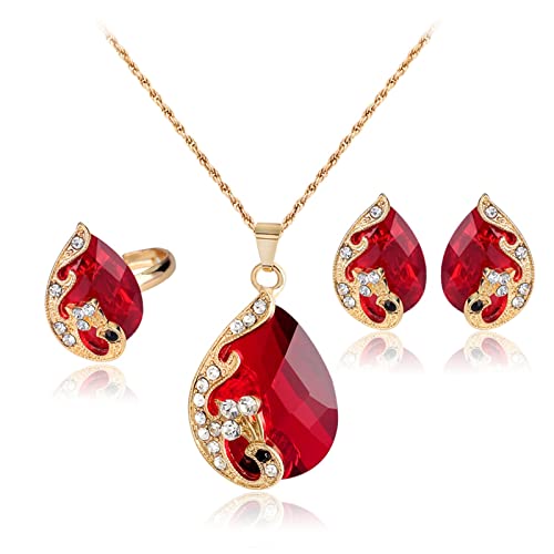 Epinki Schmuckset Hochzeit, Y Kette Damen Pfau Anhänger Trauringe Frauen Rose Vergoldet Ohrstecker Mädchen mit Rot Zirkonia - Rose Gold, Halskette Länge 45CM, 4er von Epinki