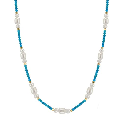 Epinki Silberkette 925 Anhänger, Claviclekette mit Perlen Blau Kugel Anhänger Halskette Silber 925er, Perlenkette Kette Frauen, Gold, 45CM von Epinki