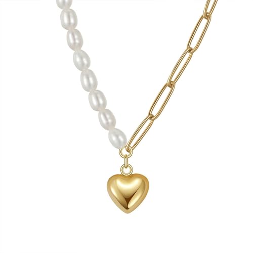 Epinki Silberkette 925er, Herz mit Perlenkette Anhänger Halskette Sterlingsilber, Perlenkette Damen Halskette, Gold, 45CM von Epinki