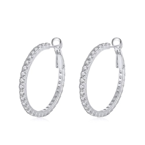 Epinki Sterling Silber 925 Hochzeitsring, 31MM Groß Hoop Creole Damen Ring Echt Silber mit Zirkonia, Partnerringe Sterlingsilber für Damen, Silber von Epinki