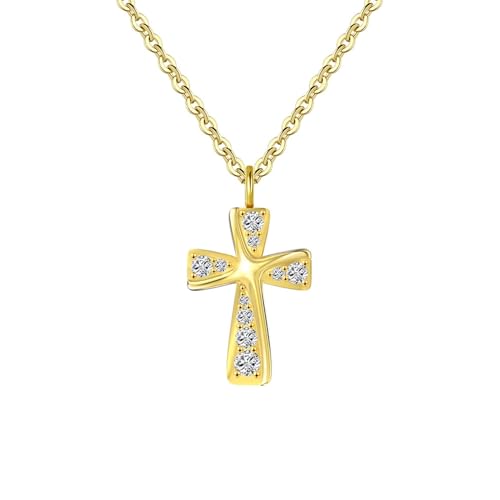 Epinki Sterling Silber Kette Fein, Verdrehte Zirkonia Kreuz Anhänger Halskette Silber 925er, Zirkonia Halskette Damen, Gold, 45CM von Epinki