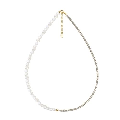 Epinki Sterling Silber Kette mit Anhänger, Elegant Perle Zirkonia Kette Halskette Anhänger Sterling Silber S925, Zirkonia Damen Ketten, Gold, 45CM von Epinki