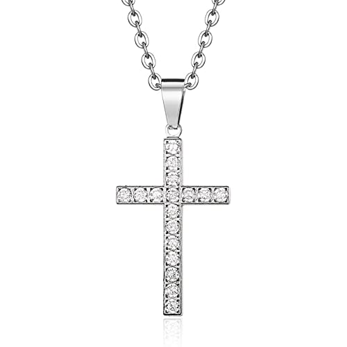 Epinki Titanstahl Ketten Anhänger, Anhänger Zirkonia Kreuz Rolokette, Silber Necklace Halskette für Damen Herren 65CM von Epinki