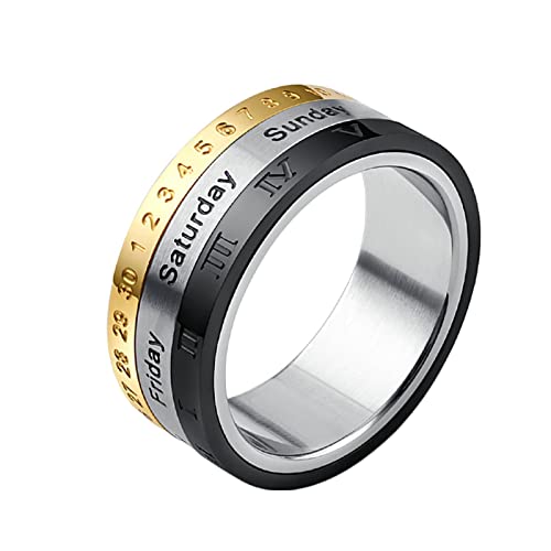 Epinki Verlobung Ring Herren, Tricolor Eheringe Pärchenringe Römische Zahlen Kalender Spinner Anxiety Ring Edelstahl Ringe Männer, Gr.67 (21.3) von Epinki