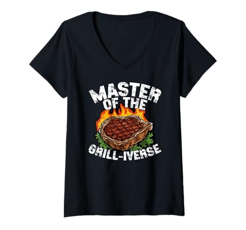 Damen Meister des Grill-Universums Lustiges BBQ Steak T-Shirt mit V-Ausschnitt von Epischer Grillmeister Bbq Papa Humor Grillfest