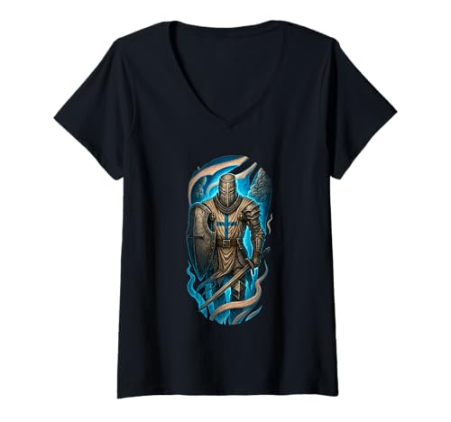 Damen Christian Ritter Templer - Krieger Christi T-Shirt mit V-Ausschnitt Damen Christian Ritter Templer - Krieger Christi T-Shirt mit V-Ausschnitt von Epischer christlicher Tempelritter