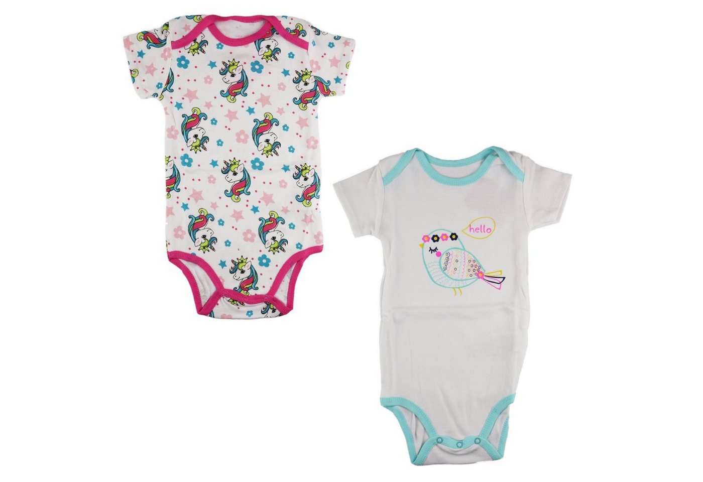 EplusM Kurzarmbody 2er Pack Mädchen Baby Kurzarm body Gr. 68 bis 92, 100% Baumwolle, Einhörner und Vogel von EplusM