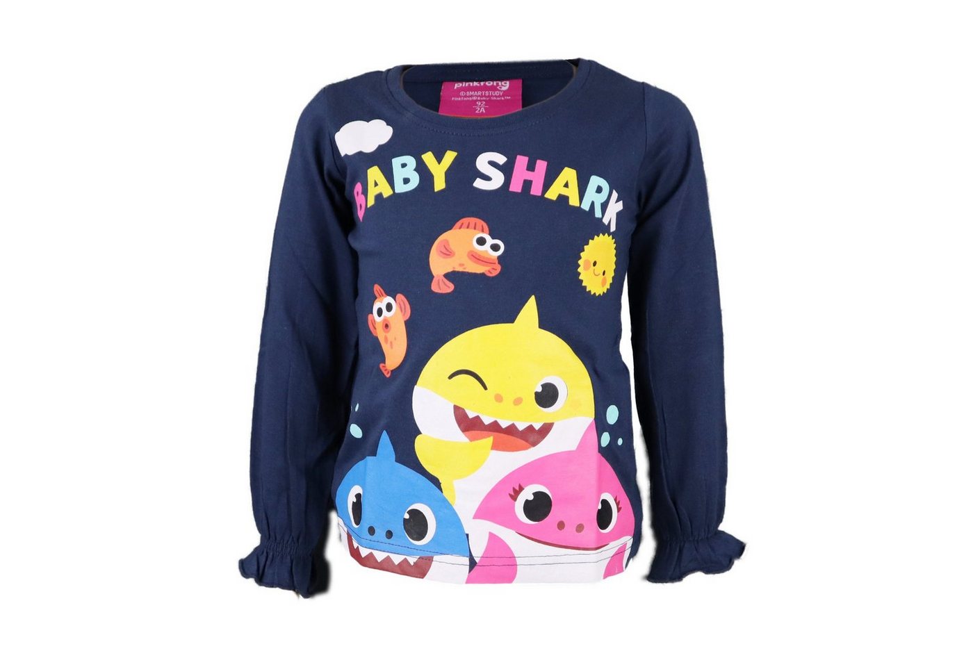 EplusM Langarmshirt Baby Shark Kinder Mädchen langarm Shirt Gr. 92 bis 116, Baumwolle, Blau oder Pink von EplusM