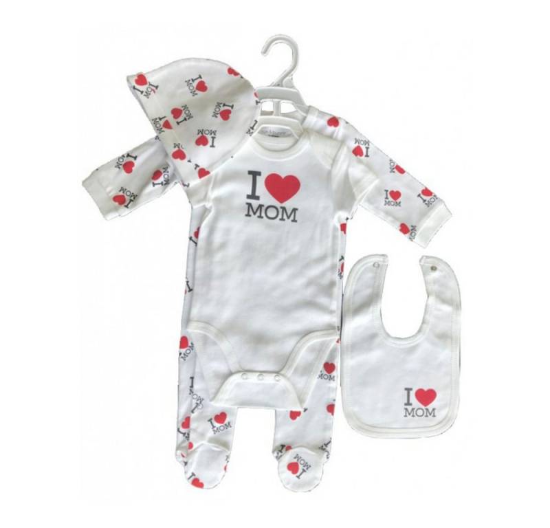 EplusM Shirt & Hose 4-teiliges Baby-Bekleidungs-Set 'I Love MOM', Body, Strampler, Mütze, (Set, 4-tlg) von EplusM