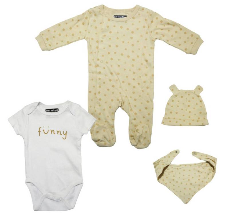 EplusM Strampler Funny Baby 4 tlg Set Body Strampler Lätzchen Mütze (Spar-Set, 4-tlg) Gr. 56 bis 74, 100% Baumwolle von EplusM