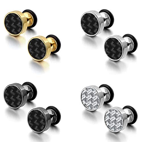 4 Paare Set Edelstahl Ohrringe für Herren Damen, Ohrringe Herren Schwarz, Ohrringe Männer Silber, Ohrstecker Herren Schwarz, Ohrringe Stecker Kohlefaser Ohrstecker Männer Gold Tunnel Piercing 8MM von Epoch World