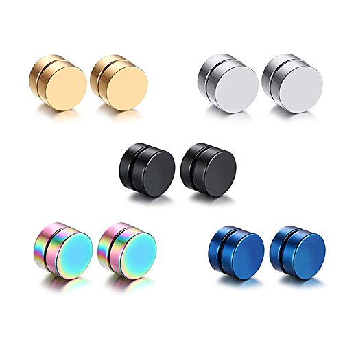 Epoch World 5 Paare Set Edelstahl Magnet Ohrringe für Herren Damen Rund Ohrringe Clips Tunnel 8mm Silber Schwarz Gold Blau Bunt von Epoch World