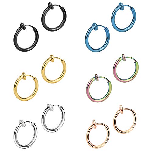 6 Paare 13mm Titan Edelstahl Creolen Ohrringe für Herren Damen Männer Ohrringe Clips Set Fake Plugs Tunnel Non-Piercing Ohrclips Ohne Ohrlöcher Rund Schwarz,Silber, Regenbogen, Gold, Blau,Rose Gold von Epoch World