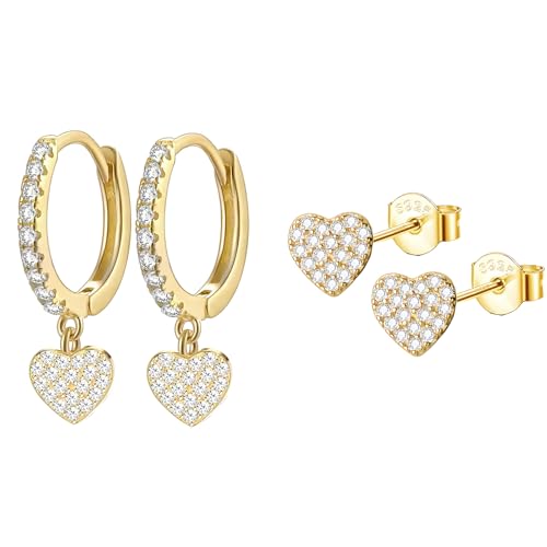 Epoch World 2 Paar Damen Ohrringe Silber 925 Gold Herz Ohrringe Hängend Creolen mit Anhänger Herz Creolen Gold Ohrstecker Klein mit Cubic Zirkonia Ohrschmuck Ohrstecker für Damen Mädchen Frauen von Epoch World
