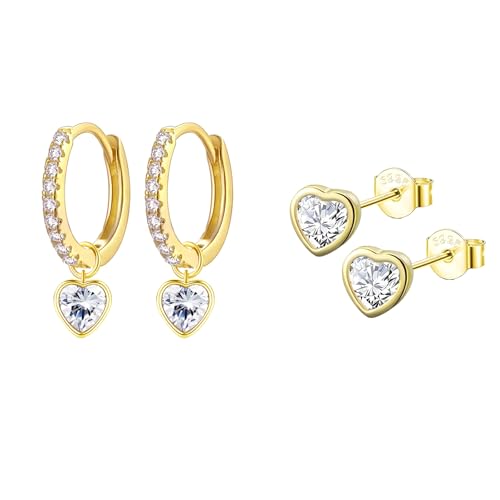 Epoch World 2 Paar Damen Ohrringe Silber 925 Gold Herz Ohrringe Hängend Creolen mit Anhänger Herz Creolen Gold Ohrstecker Klein mit Cubic Zirkonia Ohrschmuck Ohrstecker für Damen Mädchen Frauen von Epoch World
