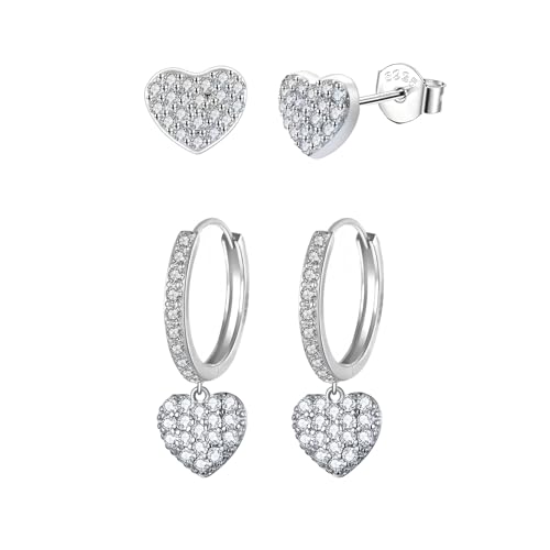 Epoch World 2 Paar Damen Ohrringe Silber 925 Herz Ohrringe Hängend Creolen mit Anhänger Herz Creolen Silber Ohrstecker Klein mit Cubic Zirkonia Ohrschmuck Huggie Ohrstecker für Damen Mädchen Frauen von Epoch World