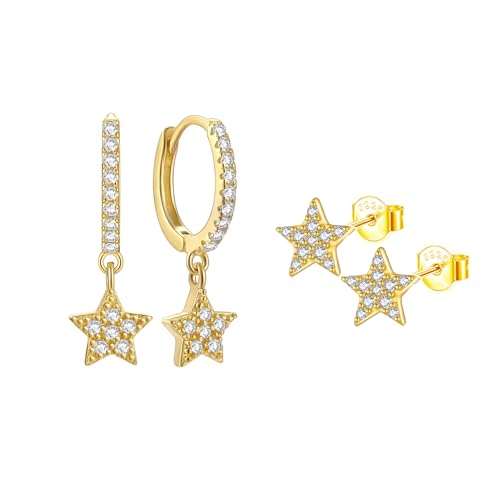 Epoch World 2 Paar Damen Ohrringe Silber 925 Stern Creolen mit Anhänger Stern Gold Ohrringe Hängend Tropfen Knorpel Ohrstecker Gold Klein Ohrschmuck Cubic Zirkonia für Damen Mädchen von Epoch World