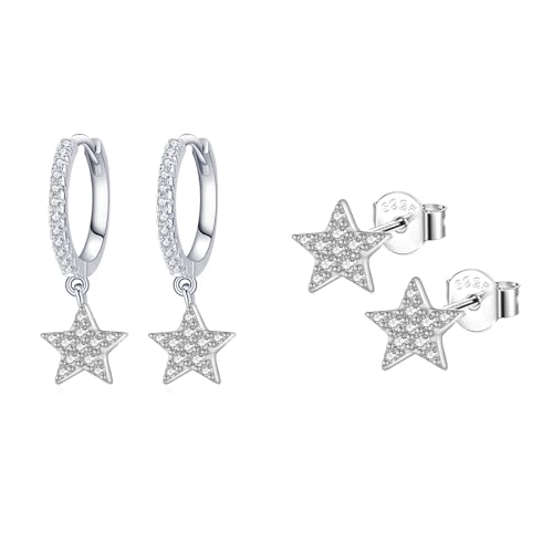 Epoch World 2 Paar Damen Ohrringe Silber 925 Stern Creolen mit Anhänger Stern Silber Ohrringe Hängend Tropfen Knorpel Ohrstecker Silber Klein Ohrschmuck Cubic Zirkonia für Damen Mädchen von Epoch World