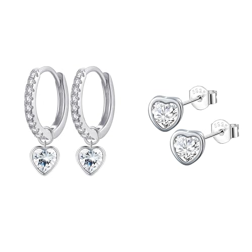 Epoch World 2 Paar Herz Ohrringe Hängend Creolen mit Anhänger Damen Ohrringe Silber 925 Herz Creolen Silber Ohrstecker Klein mit Cubic Zirkonia Ohrschmuck Ohrstecker für Damen Mädchen Frauen von Epoch World