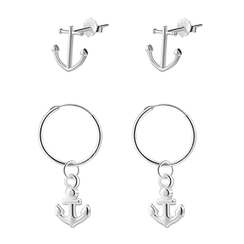 Epoch World 2 Paare 925 Sterling Silber Ohrringe Silber Ohrstecker Huggie Creolen mit Anhänger Anker Ohrstecker Piercing Unisex Set Ohrringe für Damen Herren Mädchen von Epoch World