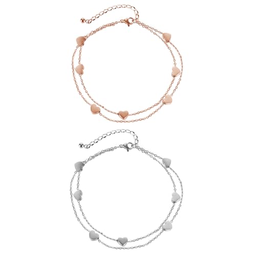 Epoch World 2 Stück Herz Armband Damen Armbänder Silber Armband Roségold Charm Armband Armkette Layered Herz Armbänder Doppelketten Aus Edelstahl Verstellbar Armband für Damen Mädchen Frauen von Epoch World