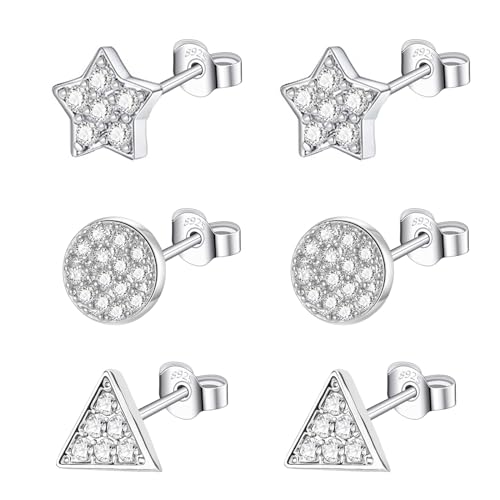 Epoch World 3 Paar 925 Sterling Silber Ohrringe Damen Silber 925 Klein Ohrstecker Silber Set Stern Ohrstecker Dreieck Runde Ohrringe CZ Piercing Für Damen Mädchen Frauen von Epoch World