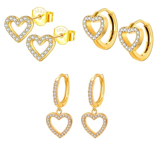 Epoch World 3 Paar 925 Sterling Silber Ohrringe Gold Hängend Herz Creolen mit Anhänger Kreolen Ohrhänger Cubic Zirkonia Kleine Hypoallergen Tropfen Ohrringe Herz Gold Ohrstecker für Damen Mädchen von Epoch World