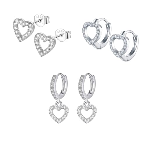 Epoch World 3 Paar 925 Sterling Silber Ohrringe Hängend Herz Creolen mit Anhänger Kreolen Ohrhänger mit Cubic Zirkonia Kleine Hypoallergen Tropfen Ohrringe Herz Silber Ohrstecker für Damen Mädchen von Epoch World