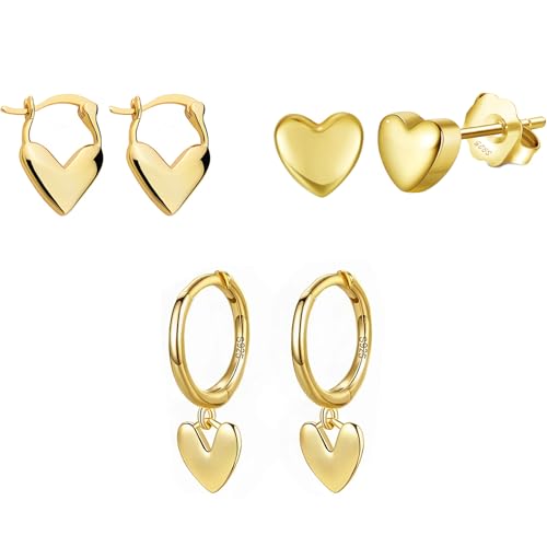 Epoch World 3 Paar Gold Herz Ohrringe Hängend Creolen mit Anhänger Herz Damen Ohrringe Silber 925 Creolen Gold Ohrstecker Klein Ohrschmuck Huggie Ohrstecker für Damen Mädchen Frauen von Epoch World