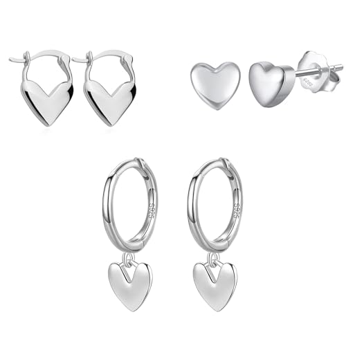 Epoch World 3 Paar Herz Ohrringe Hängend Creolen mit Anhänger Herz Damen Ohrringe Silber 925 Creolen Silber Ohrstecker Klein Ohrschmuck Huggie Ohrstecker für Damen Mädchen Frauen von Epoch World