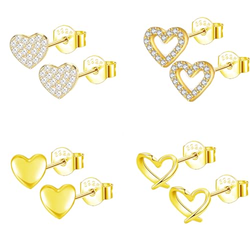 Epoch World 4 Paar 925 Sterling Silber Herz Ohrstecker Goldene Hypoallergen Knorpel Schlafen Gold Ohrringe Silber 925 Kleine Herz Ohrringe Gold Damen Ohrschmuck mit Zirkonia Kommt in Schmuck Box von Epoch World