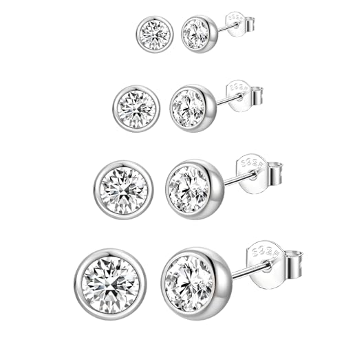 Epoch World 4 Paar 925 Sterling Silber Ohrringe Damen Kleine Ohrstecker Set Multipack Hypoallergene Cubic Zirkonia Klein Runde Ohrringe Silber Ohrstecker für Damen Mädchen Frauen Schmuck von Epoch World