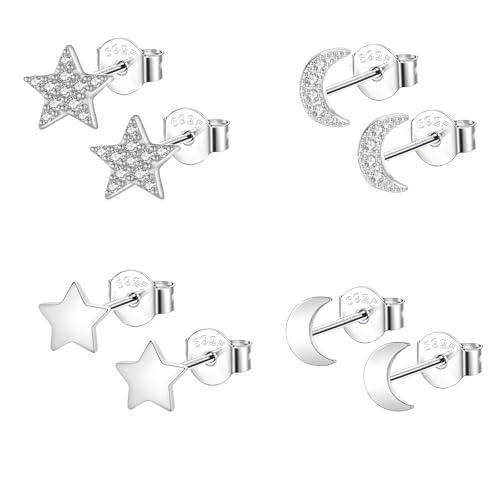 Epoch World 4 Paar 925 Sterling Silber Ohrringe Damen Silber Mond Stern Ohrstecker Klein Hypoallergene Ohrschmuck Silber Stern Ohrringe Cubic Zirkonia Schlafen Ohrstecker für Damen Frauen Mädchen von Epoch World
